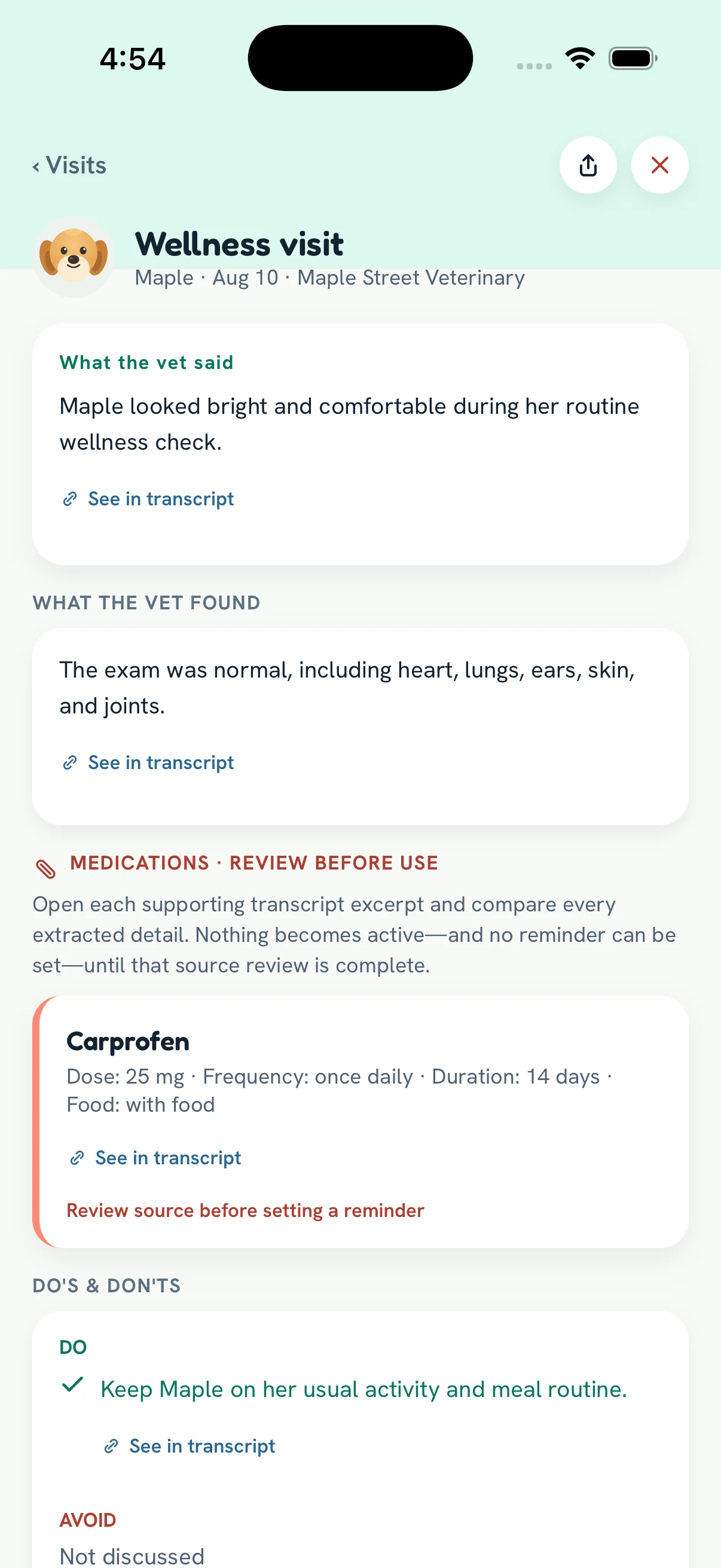 Carefully aftercare summary with reviewed next steps, shown with example data