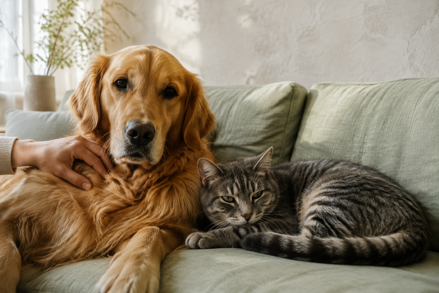 A dog and cat resting close together at home